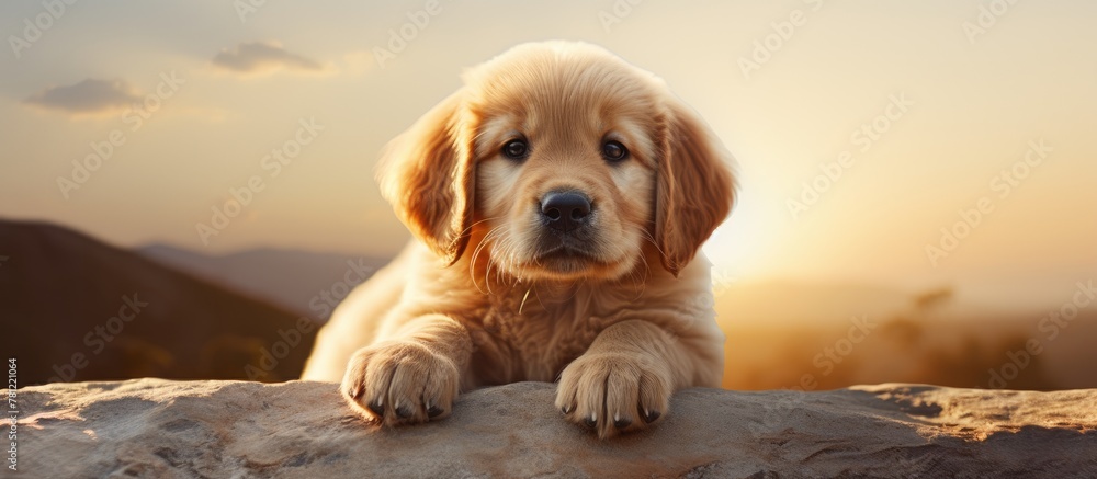 Poster a golden retriever puppy resting on a boulder