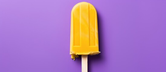 Half-eaten yellow popsicle on purple backdrop