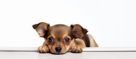 Puppy gazes at table edge