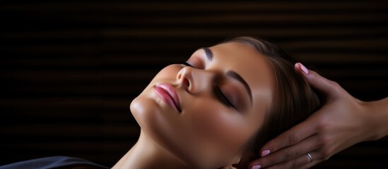 Woman receiving spa massage with hands on head