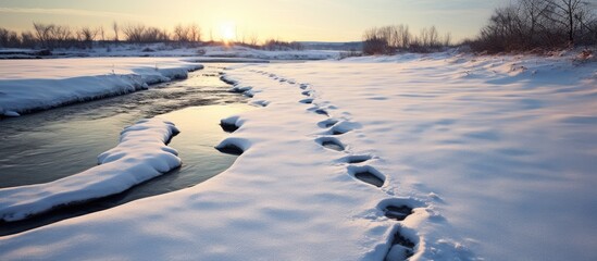 Footprints lead through snowy landscape to icy river