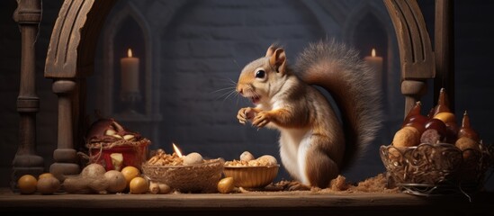 Squirrel eating food on a table - obrazy, fototapety, plakaty