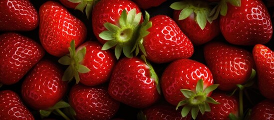Closeup of ripe strawberries with green leaves - obrazy, fototapety, plakaty