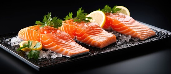 Salmon pieces with lemon on plate
