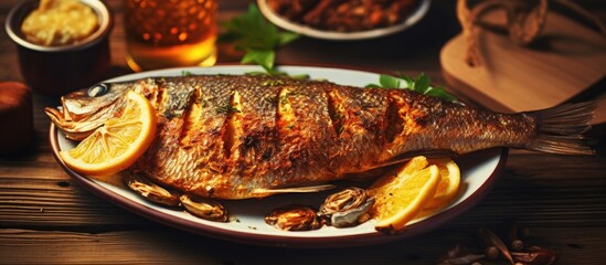 Homemade fish dish with lemon and nuts