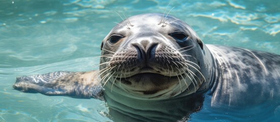 Seal Swims with Open Mouth and Wide Eyes - obrazy, fototapety, plakaty