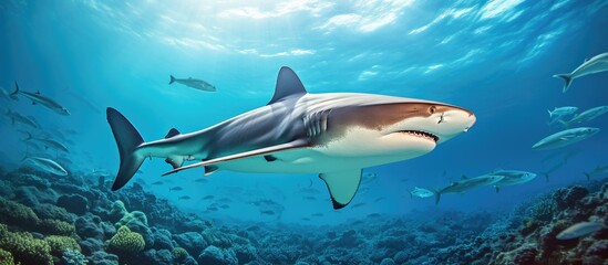 Shark swimming amidst abundant fish in the ocean - obrazy, fototapety, plakaty