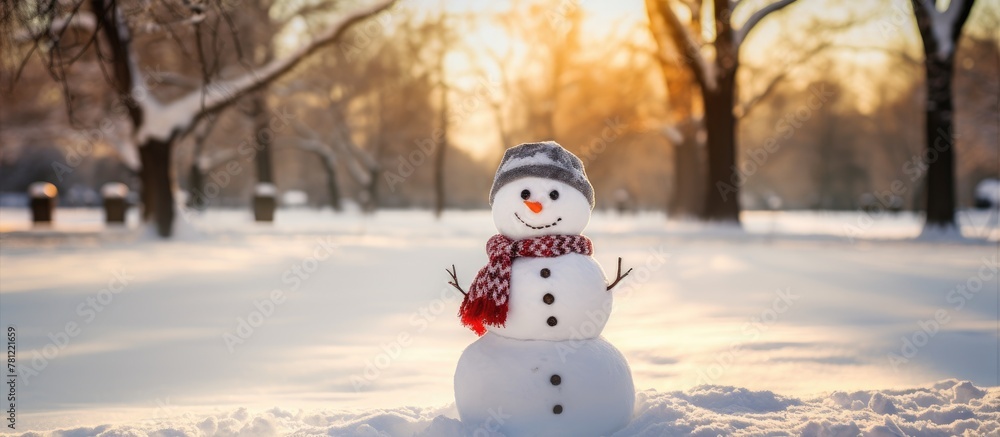 Poster snowman standing in winter scene with trees