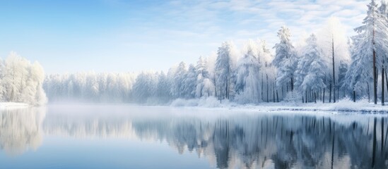 Lake surrounded by snowy trees