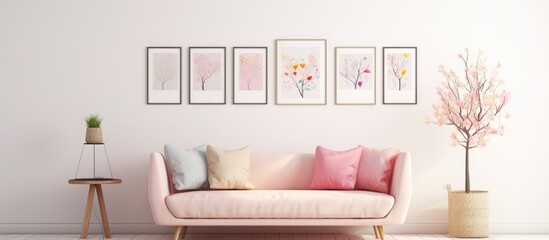 Pink couch, vase, plant in living room