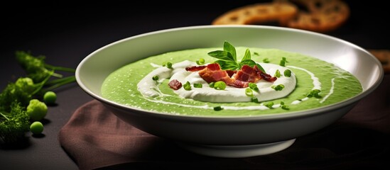 Green pea and bacon soup in a bowl - obrazy, fototapety, plakaty