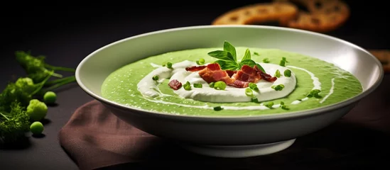 Plexiglas foto achterwand Green pea and bacon soup in a bowl © vxnaghiyev