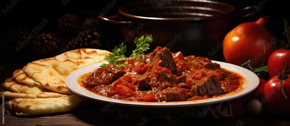 Poster delicious stew served with bread and tomatoes on a table