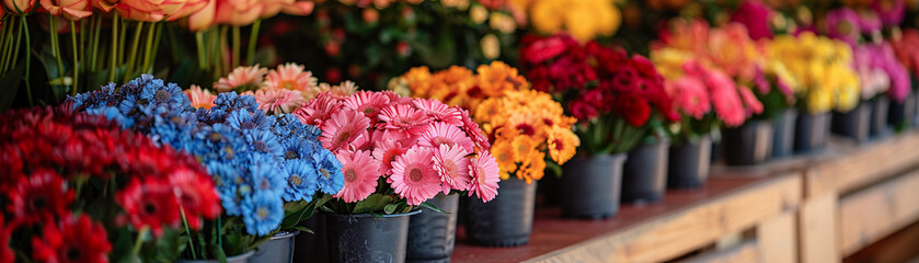 Cheerful Flower Shop Bursting with Colorful Arrangements for Sale - obrazy, fototapety, plakaty