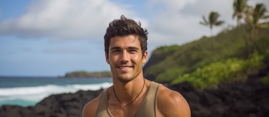 Man with surfboard on rocky beach