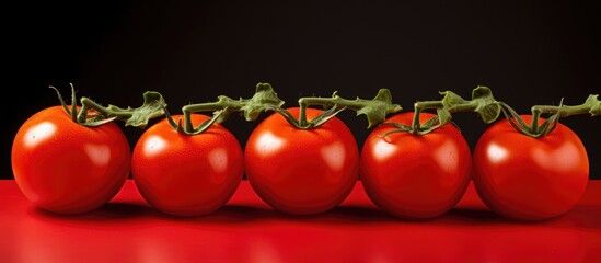 Five red tomatoes in a row on a crimson surface