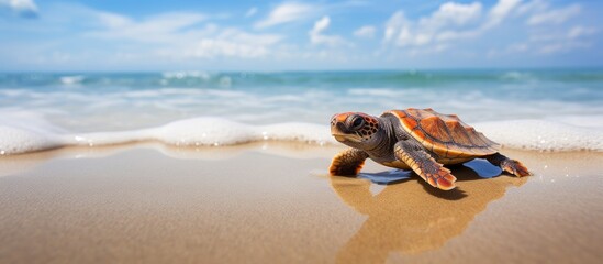 Baby loggerhead turtle on Sri Lankan palm beach