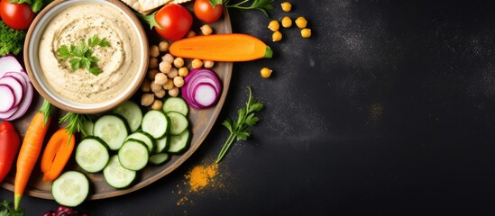 Plate of veggies and dip, bowl of dip close-up - obrazy, fototapety, plakaty