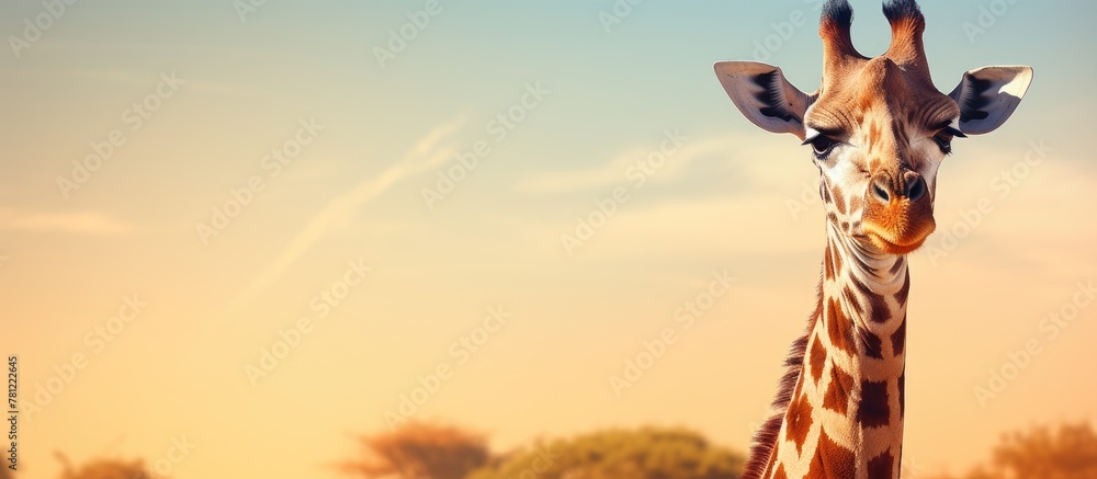 Poster giraffe standing in field with trees