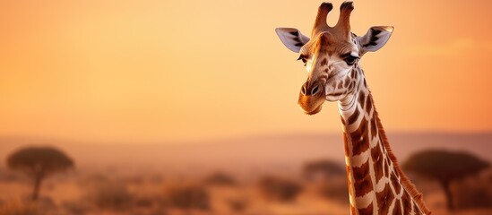Giraffe in field during sunset
