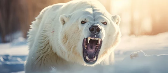 Foto op Plexiglas A polar bear growls in the snowy wilderness © vxnaghiyev