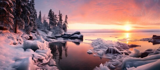 Sunrise over frozen lake with ice-covered ground - obrazy, fototapety, plakaty