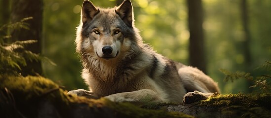 Wolf resting on tree trunk, blending with forest surroundings