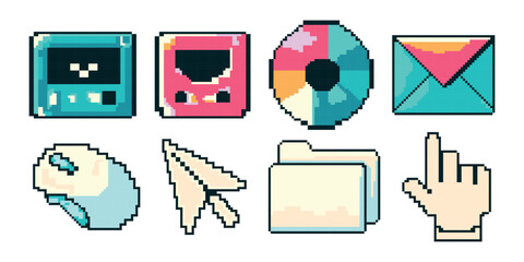 Icons of the computer interface in the pixel art style. Cassette, floppy disk, laser, disk, cursor, computer mouse, hand, letter, folder, documents in retro style of the 80s, 90s. Vector illustration.
