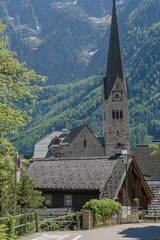 Fototapeta na wymiar Vertical shot of the Hallstatt Evangelical Church in the district of Gmunden