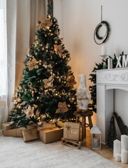 Christmas decoration with a white fireplace, tree, candle, and brown gift boxes
