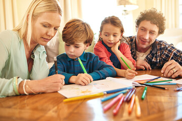 Parents, kids and learning with color for drawing, picture or art in early childhood development at...