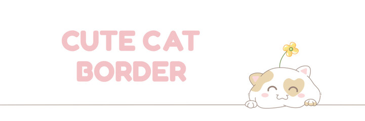 Cute white cat horizontal border. Frame with kitty. Kawaii smiling feline with yellow flower. Hand drawn illustartion in anime cartoons style.  