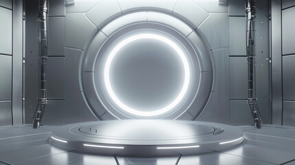 Futuristic silver circular stage with sci-fi elements, empty podium for product display or presentation background. Abstract futuristic space station interior design of a modern studio room 