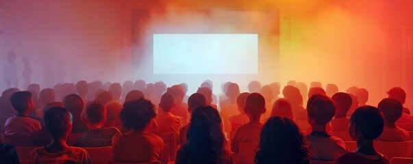 Virtual Classroom, Blank Screen, Group of Diverse Children, Trying to Connect to Online Lessons, Foggy, Spotlight, Chromatic Aberration