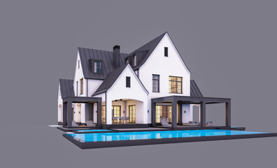 3d rendering of cute cozy white and black modern Tudor style house with parking  and pool for sale or rent with beautiful landscaping. Fairy roofs. In evening Isolated on gray