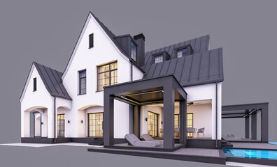 3d rendering of cute cozy white and black modern Tudor style house with parking  and pool for sale or rent with beautiful landscaping. Fairy roofs. In evening Isolated on gray - obrazy, fototapety, plakaty