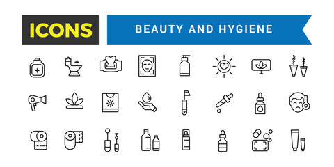 Fototapeta na wymiar Beauty and Hygiene Icons Set, Set Of Decorative Cosmetics, Oral, Body, Skin And Face Care Vector Icons, Vector Illustration