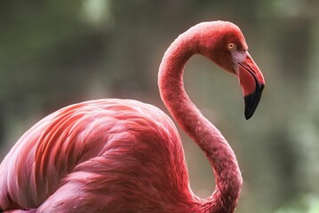 Closeup of a Greater flamingo in a profile