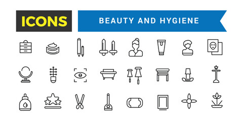 Beauty and Hygiene Icons Set, Set Of Decorative Cosmetics, Oral, Body, Skin And Face Care Vector Icons, Vector Illustration