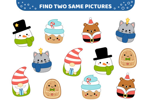 Winter kawaii characters. Find two same pictures. Game for children. Cartoon, vector