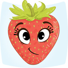 Cartoon Illustration of a Smiling Strawberry on Light Blue Background. Funny Food Character. Vector Illustration.