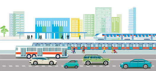 Bahnverkehr und Straßenverkehr mit Bahnhof,, Menschen  Illustration - 781224638