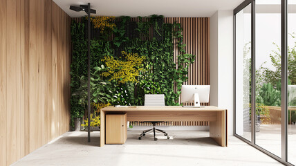 Ein minimalistisches Zen-Home Office mit klaren Linien, Naturholz, Holzwand und einfachen, funktionalen Möbeln,vertikalen Gartenwand, gelbe Blumen. Generative KI. - obrazy, fototapety, plakaty