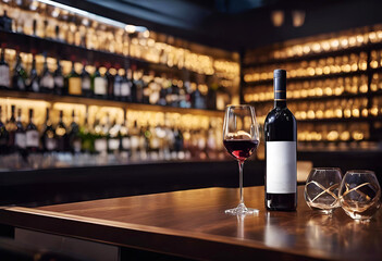 Wine bottle and glasses on a table in a bar