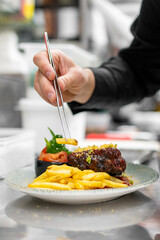 Professional chef garnishing a plate of grilled steak and fries in a kitchen, focusing on presentation and culinary artistry