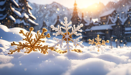 Winter glitzernde Schneeflocke aus Kristall auf Eis und Schnee, zur gefrorenen Jahreszeit Weihnachten, winterlich weihnachtliche Vorlage in weiß, Hintergründe für Feiertage Grußkarten Grüße  - obrazy, fototapety, plakaty
