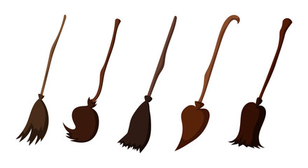 Witchcraft broom set. Magic flying broomstick for witches and sorcerers and equipment for cleaning and sweeping streets and private vector areas