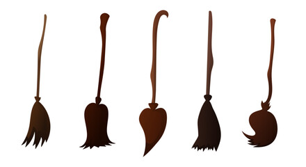 Halloween broom set. Witch flying tool for witches and sorcerers and equipment for cleaning and sweeping streets and private vector areas
