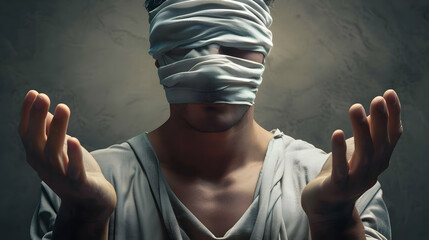 Blindfolded man gestures blindly with outstretched hands - obrazy, fototapety, plakaty