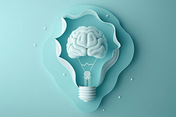 Brain inside a light bulb papercut, creative imagination critical thinking problem-solving analytical skill - obrazy, fototapety, plakaty